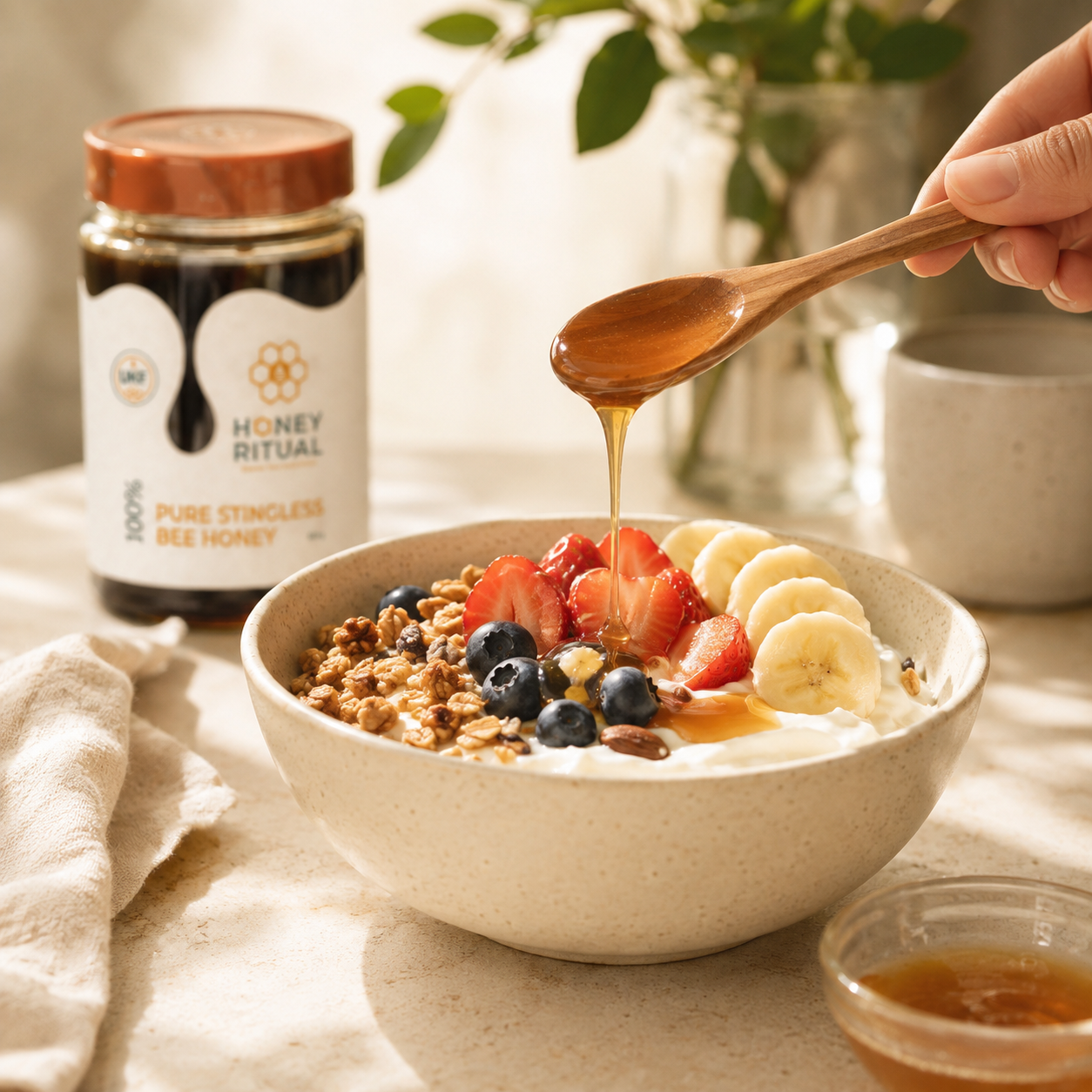 Honey drizzled over breakfast