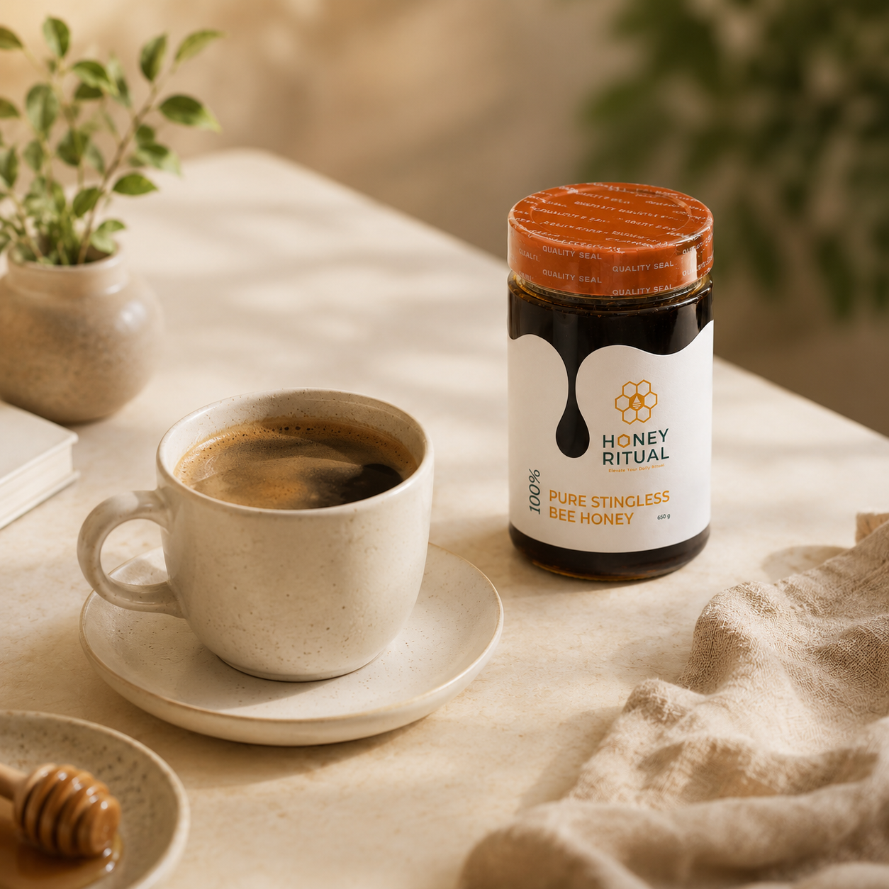 Honey Ritual beside a morning coffee