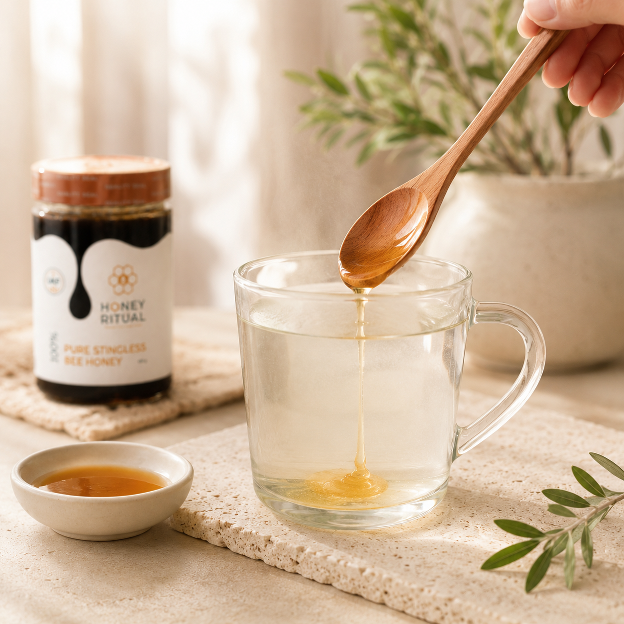 Stingless bee honey stirred into warm water