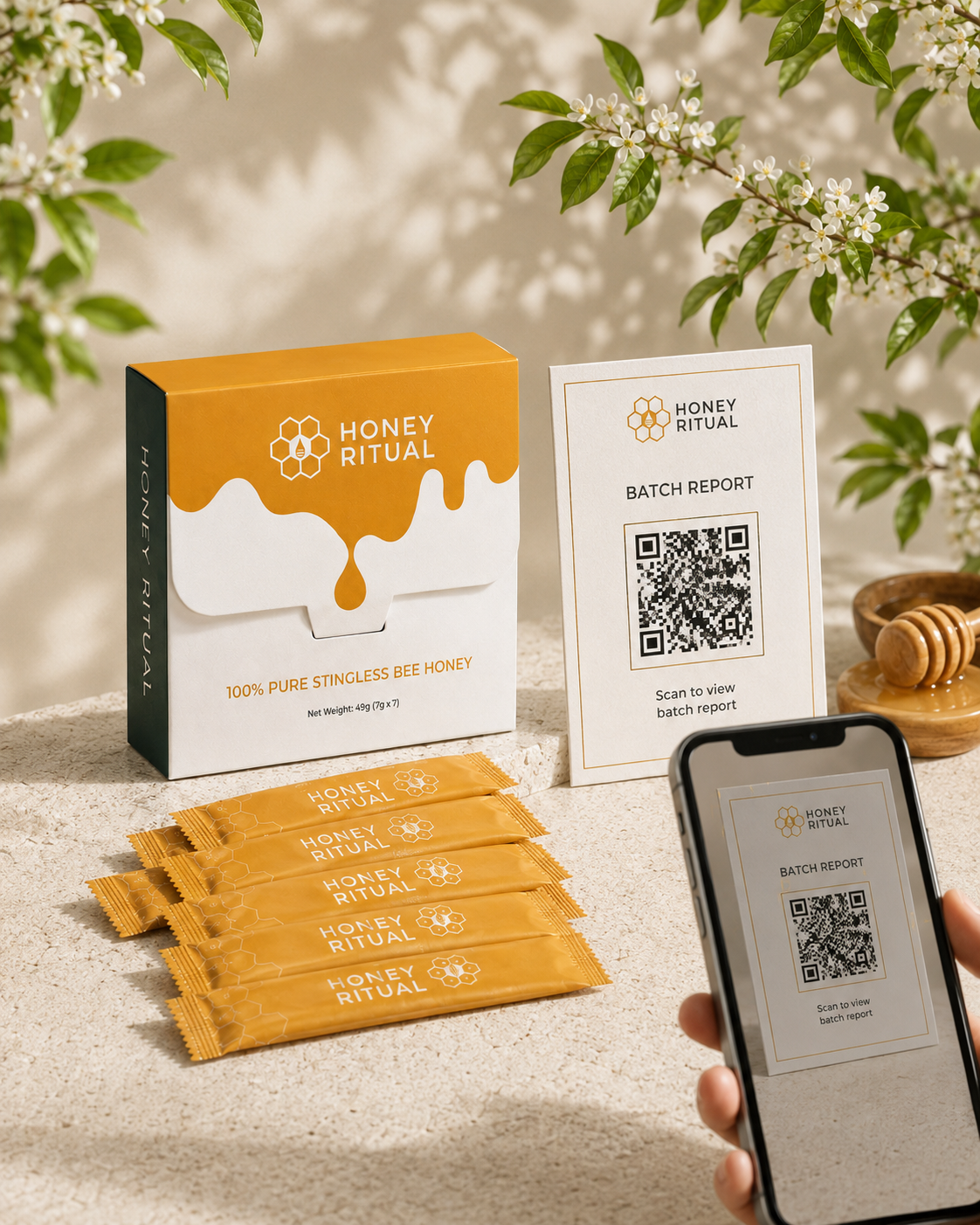 Honey Ritual batch report and QR code